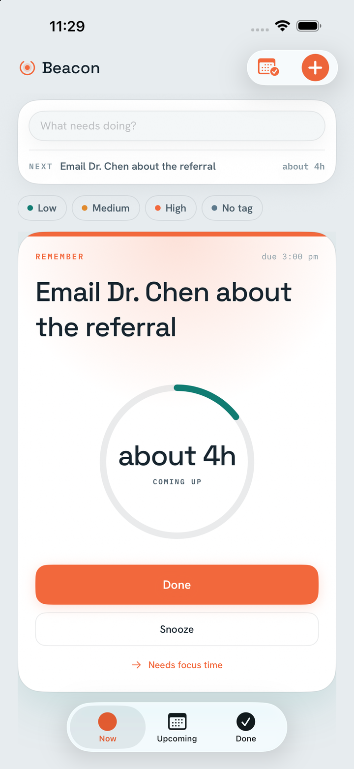 Beacon's Now screen: a single focal task with a calm countdown ring.