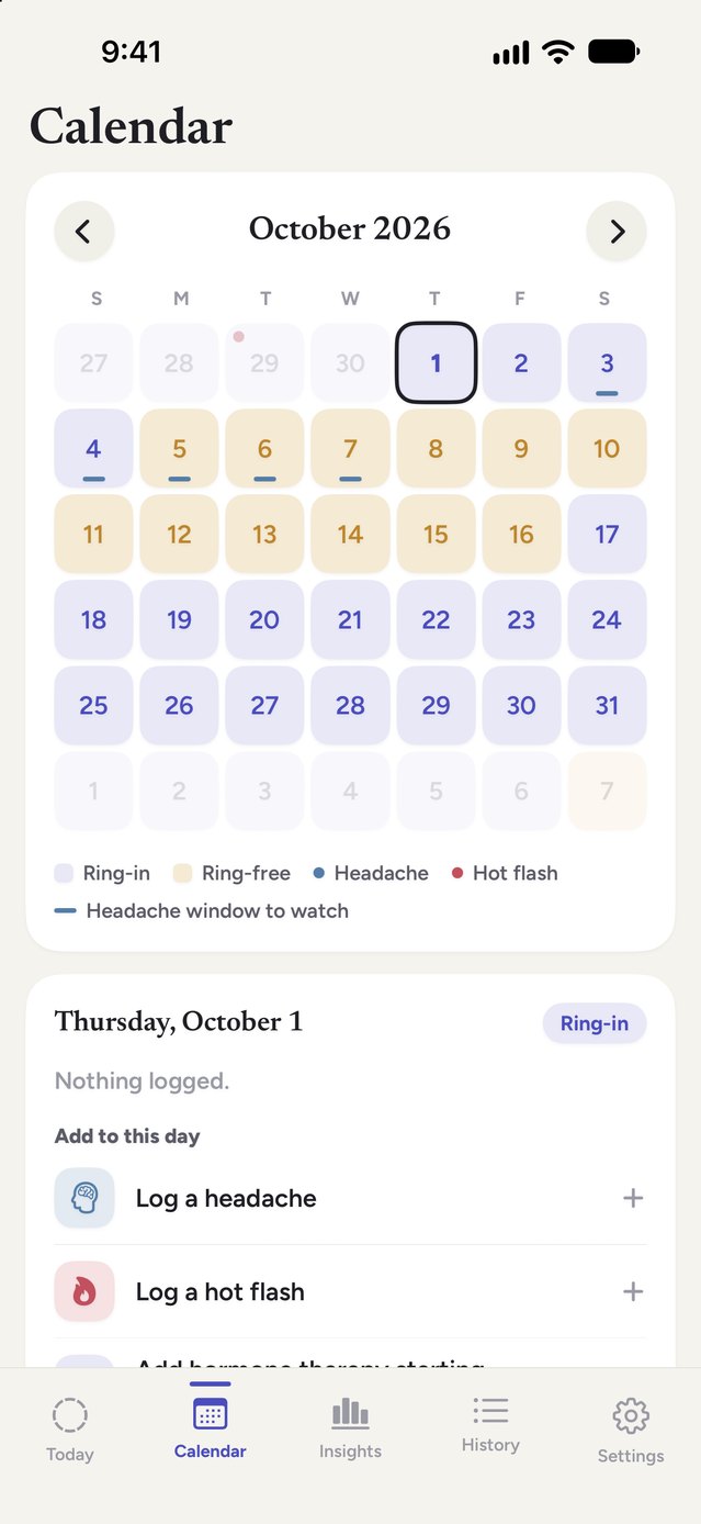 Notice Calendar screen with ring-in and ring-free days shaded and the headache window to watch marked on upcoming days