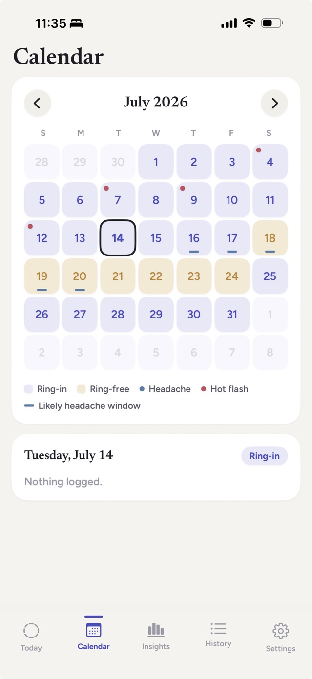 Notice Calendar screen with ring-in and ring-free days shaded and the likely headache window marked on upcoming days