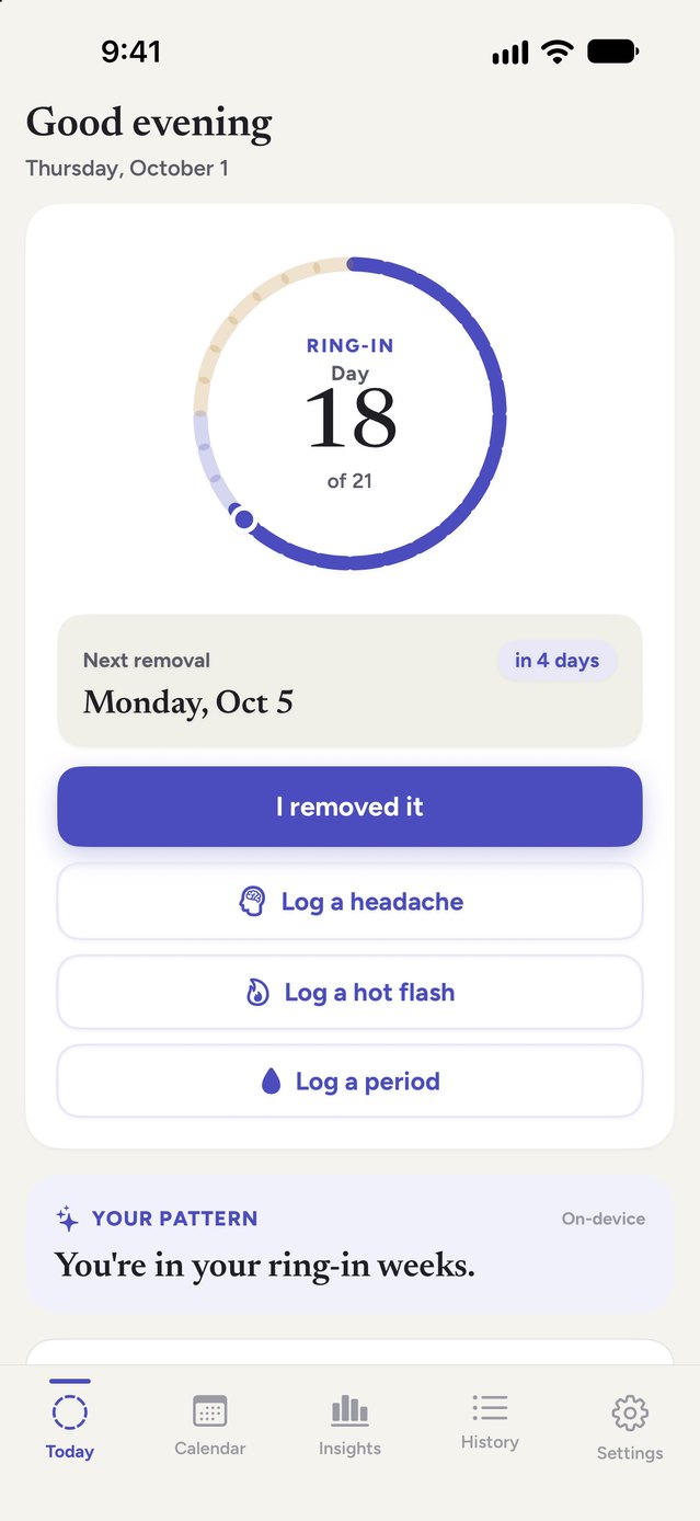 Notice Today screen for a ring user: day 18 of 21 on the cycle ring, next removal date, and logging buttons