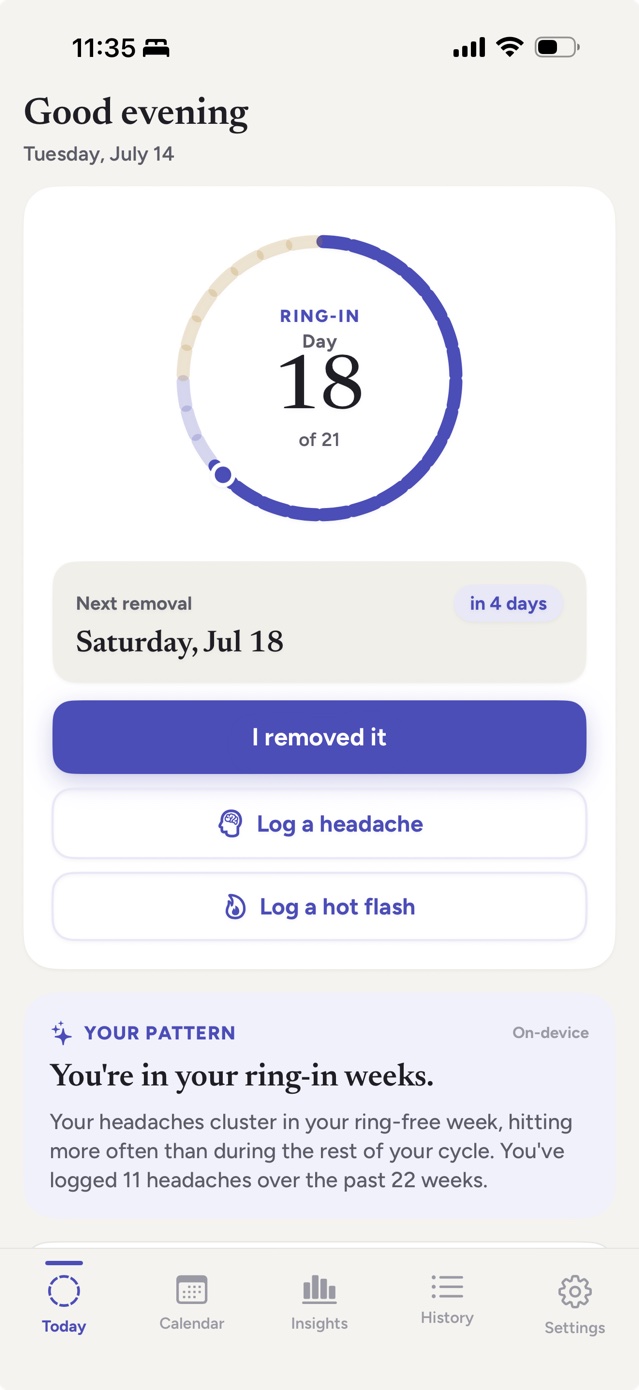 Notice Today screen for a ring user: day 18 of 21 on the cycle ring, next removal date, and one-tap logging buttons